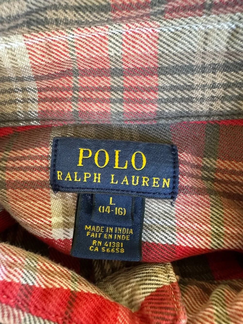 Polo Ralph Lauren Boy's Red Gray White Plaid LS Button Front Shirt L 14-16 Cotto